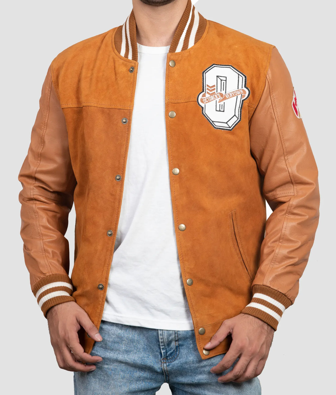 Dale Mens Camel Brown Suede Leather Varsity Jacket | Mens Camel Brown Suede Leather Varsity Jacket-1