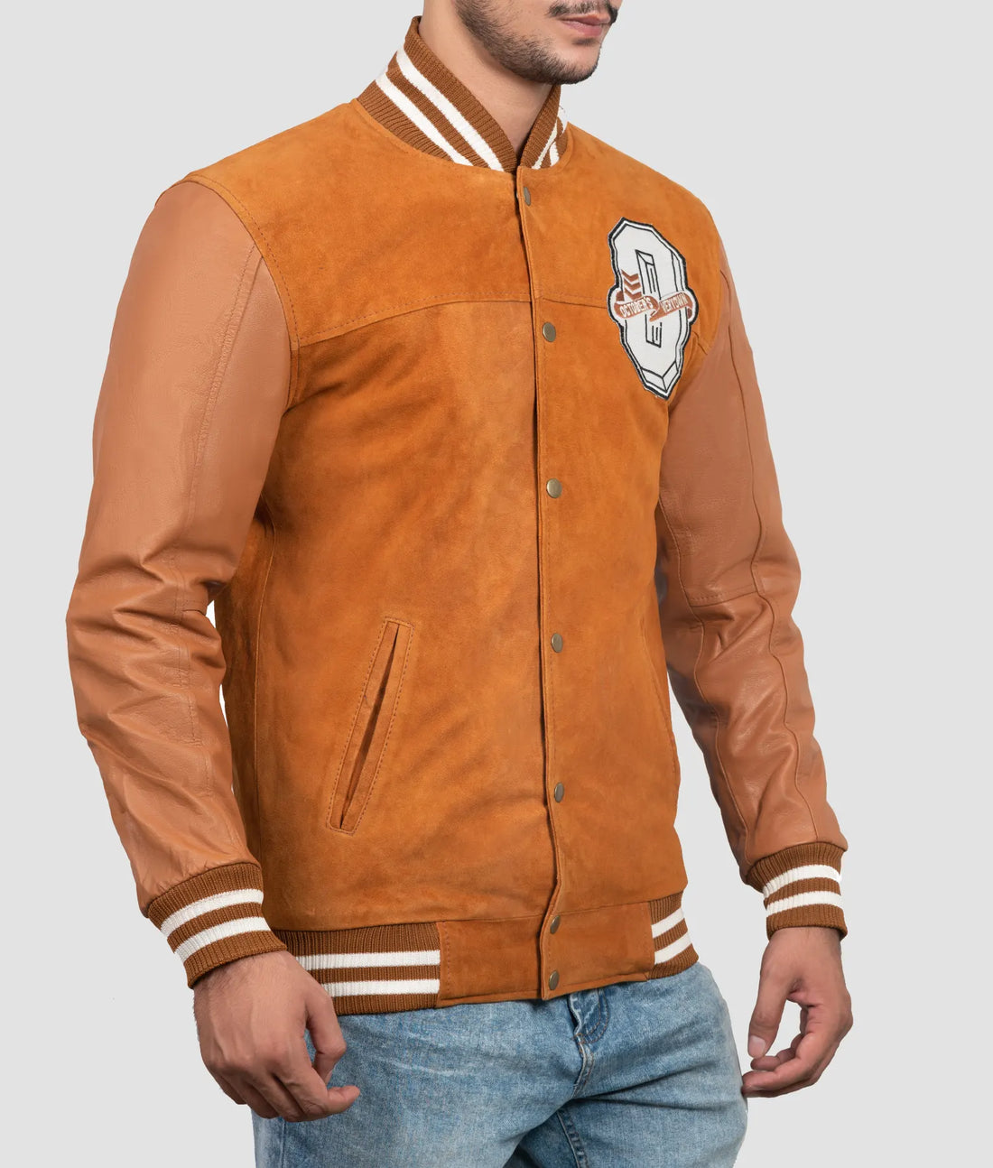 Dale Mens Camel Brown Suede Leather Varsity Jacket | Mens Camel Brown Suede Leather Varsity Jacket-1