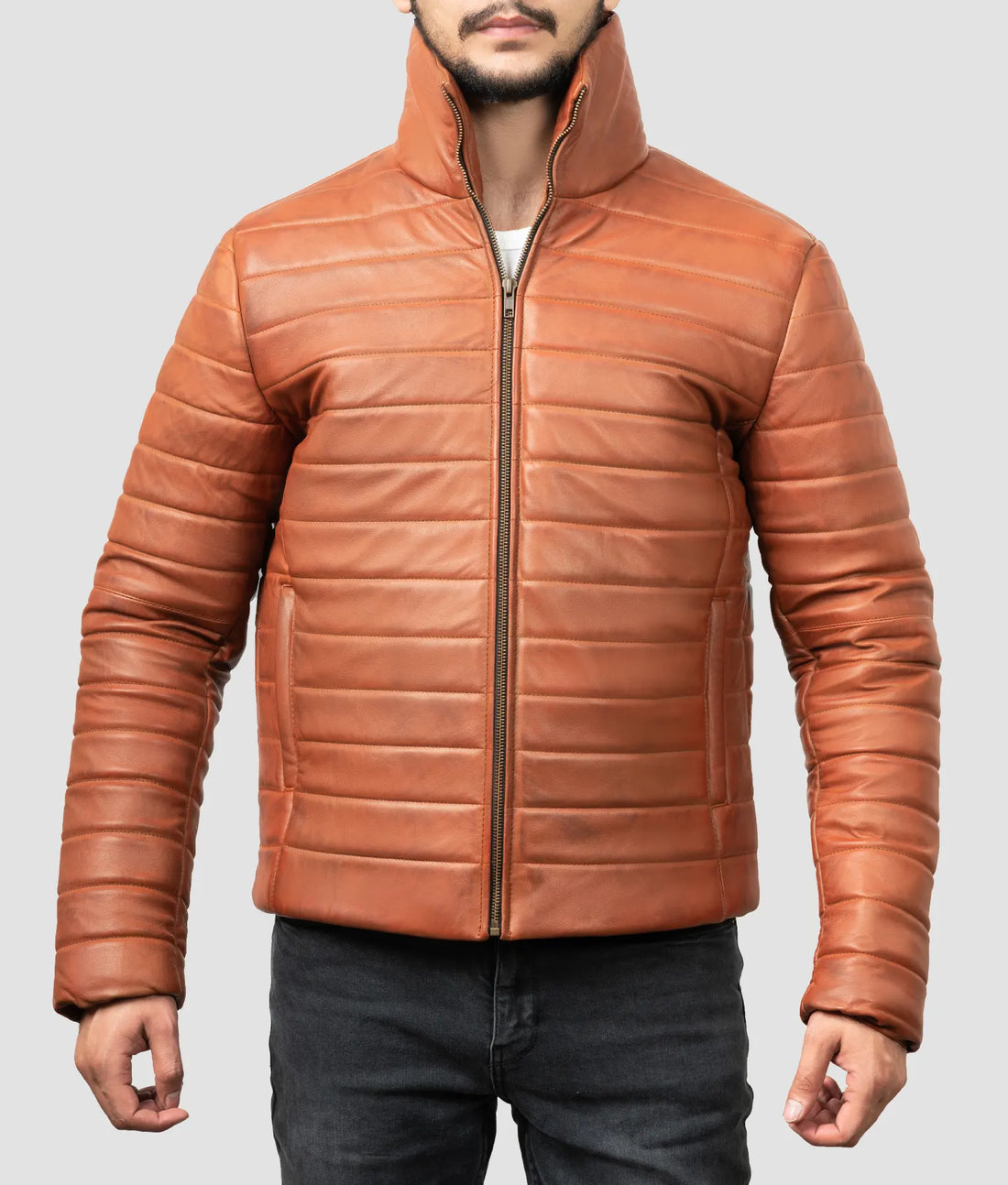 Fred Mens Brown Leather Puffer Jacket | Mens Brown Leather Puffer Jacket-1