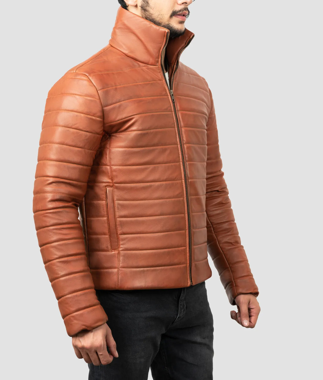 Fred Mens Brown Leather Puffer Jacket | Mens Brown Leather Puffer Jacket-1
