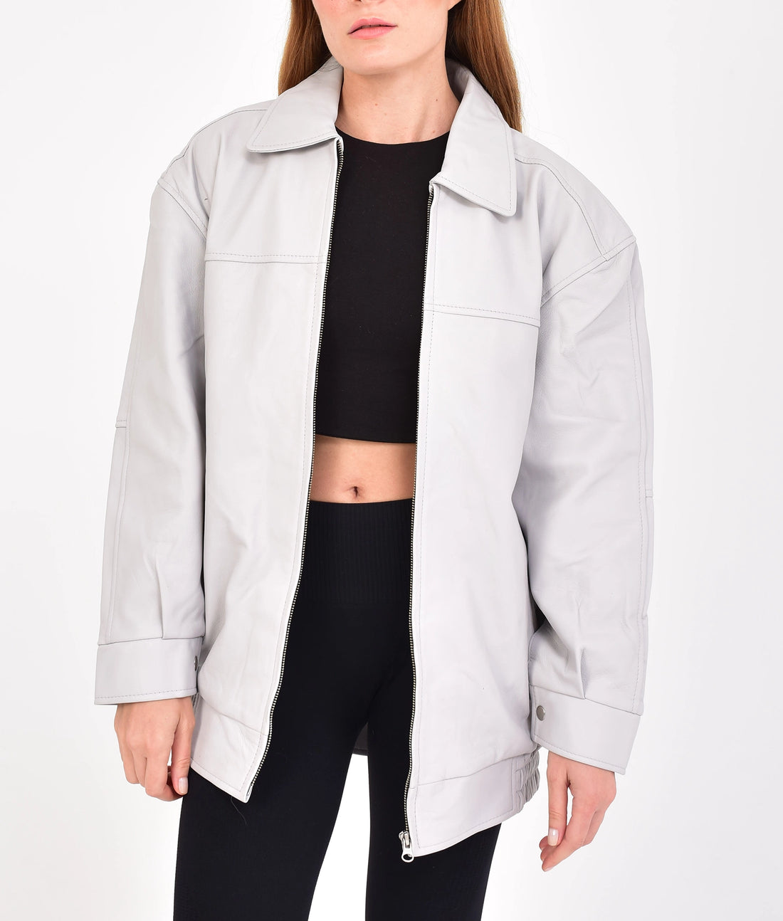 Jaclyn Womens Oversize Grey Leather Jacket | Womens Oversize Grey Leather Jacket-1