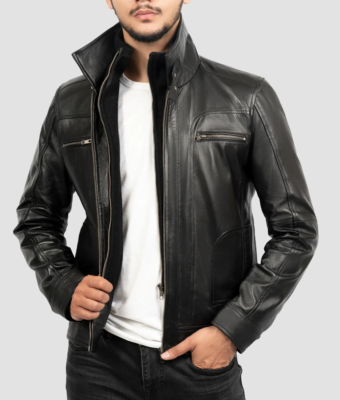 Mike Mens Black Cafe Racer Jacket | Mens Black Cafe Racer Jacket-1