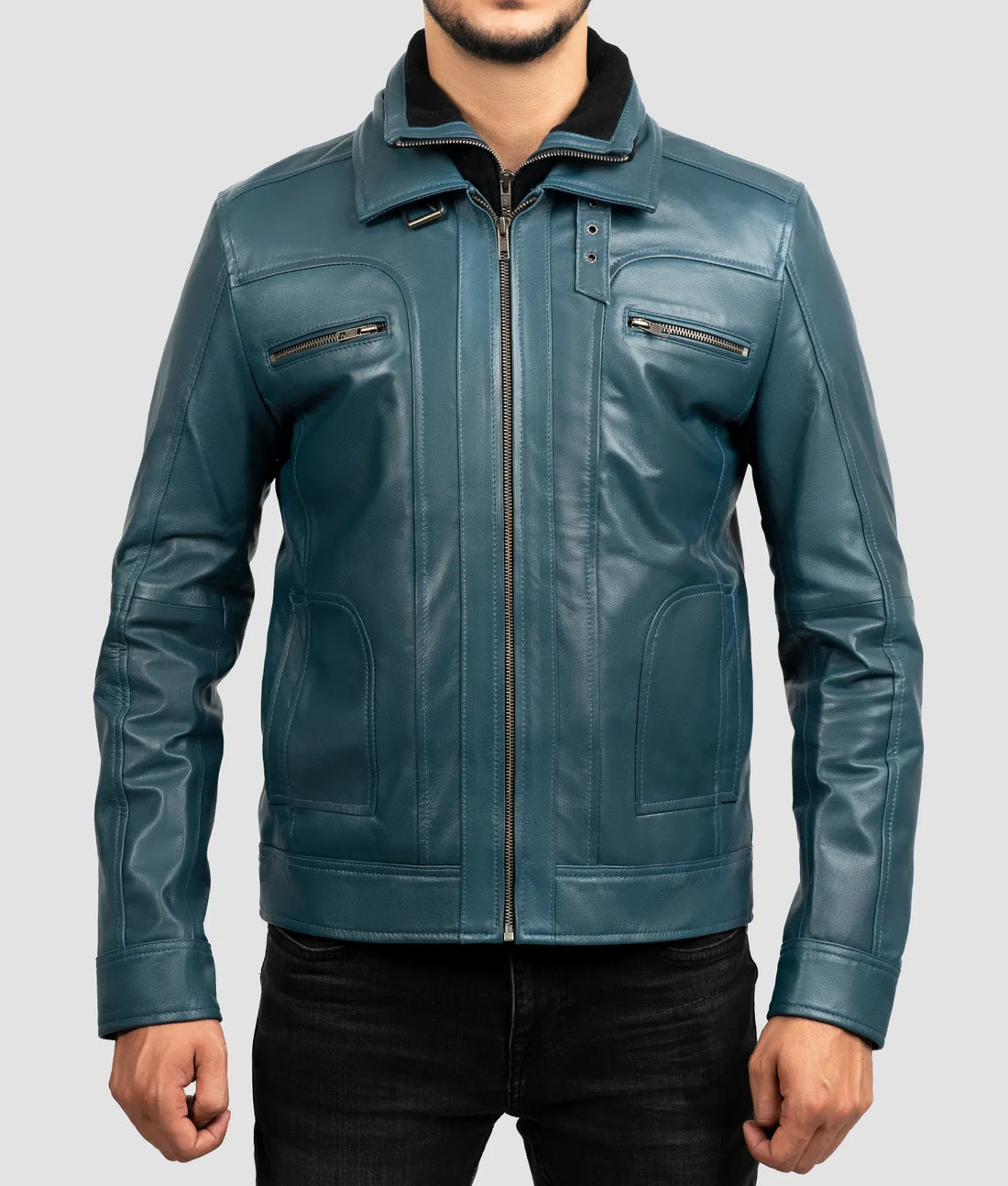 Mike Mens Teal Blue Cafe Racer Jacket |Mens Teal Blue Cafe Racer Jacket-1