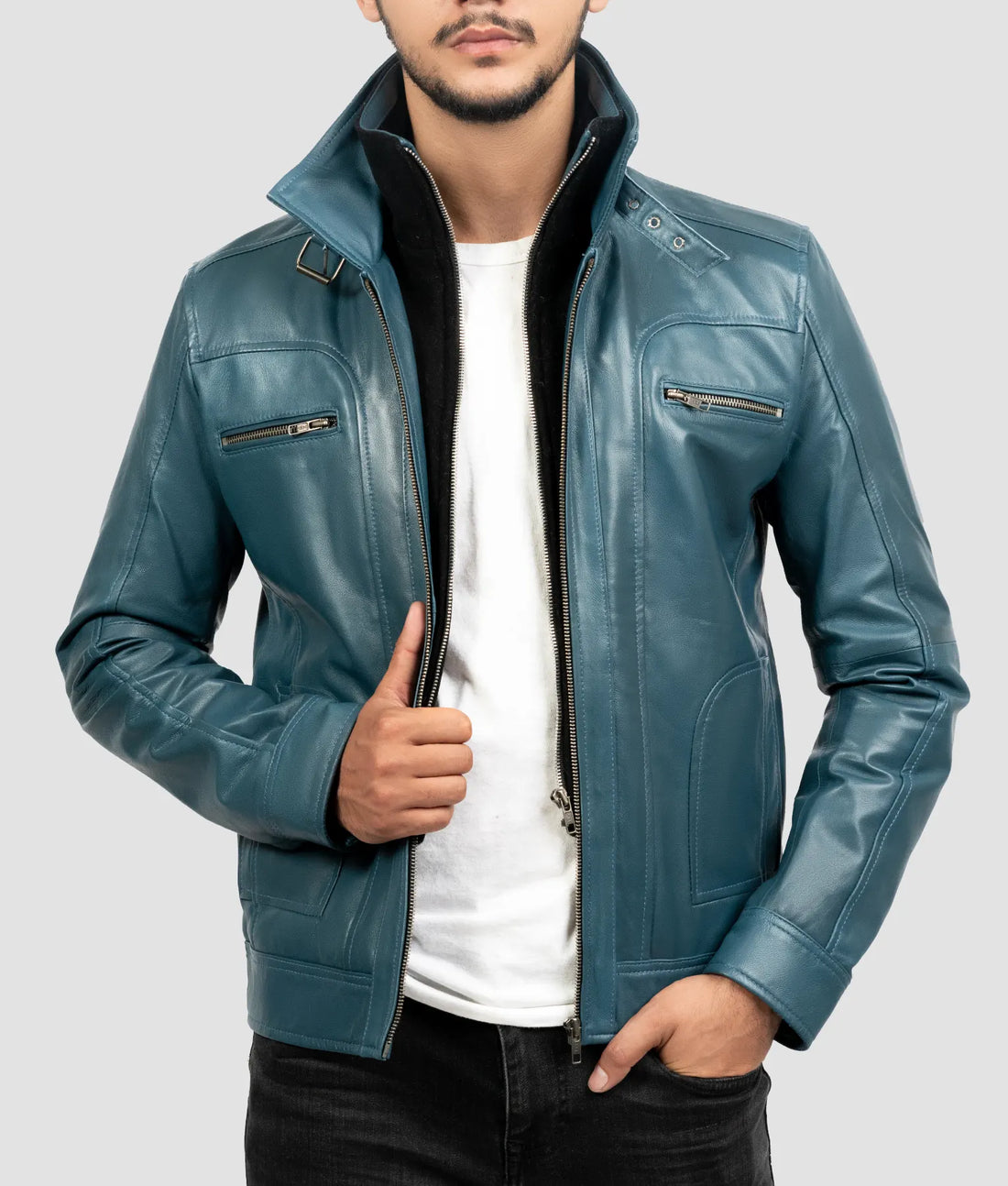 Mike Mens Teal Blue Cafe Racer Jacket |Mens Teal Blue Cafe Racer Jacket-1