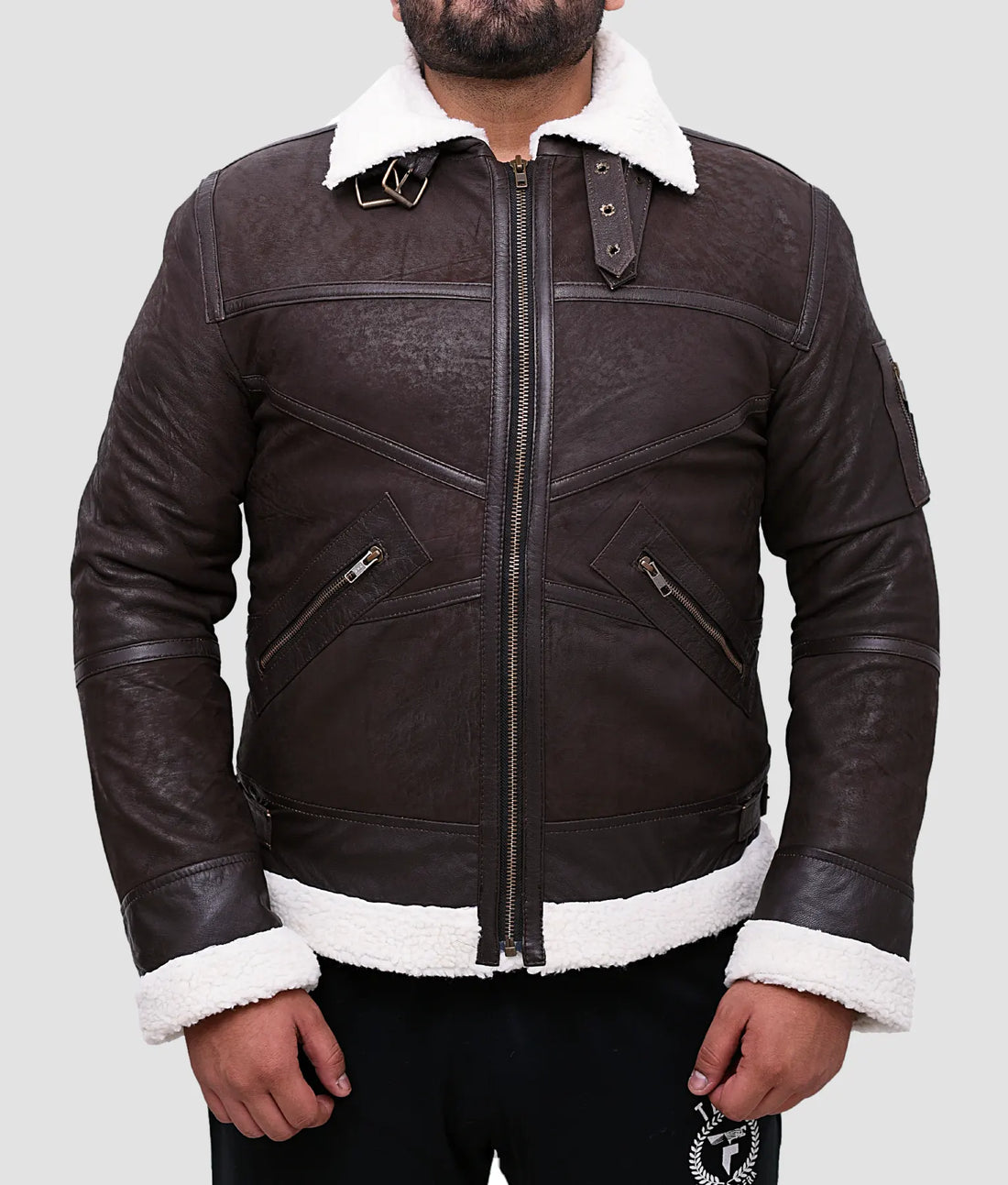 Ralph Mens Distressed Dark Brown B3 Shearling Bomber Jacket | Mens Distressed Dark Brown B3 Shearling Bomber Jacket-1