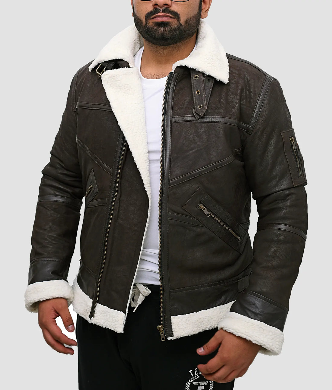 Ralph Mens Distressed Dark Brown B3 Shearling Bomber Jacket | Mens Distressed Dark Brown B3 Shearling Bomber Jacket-1