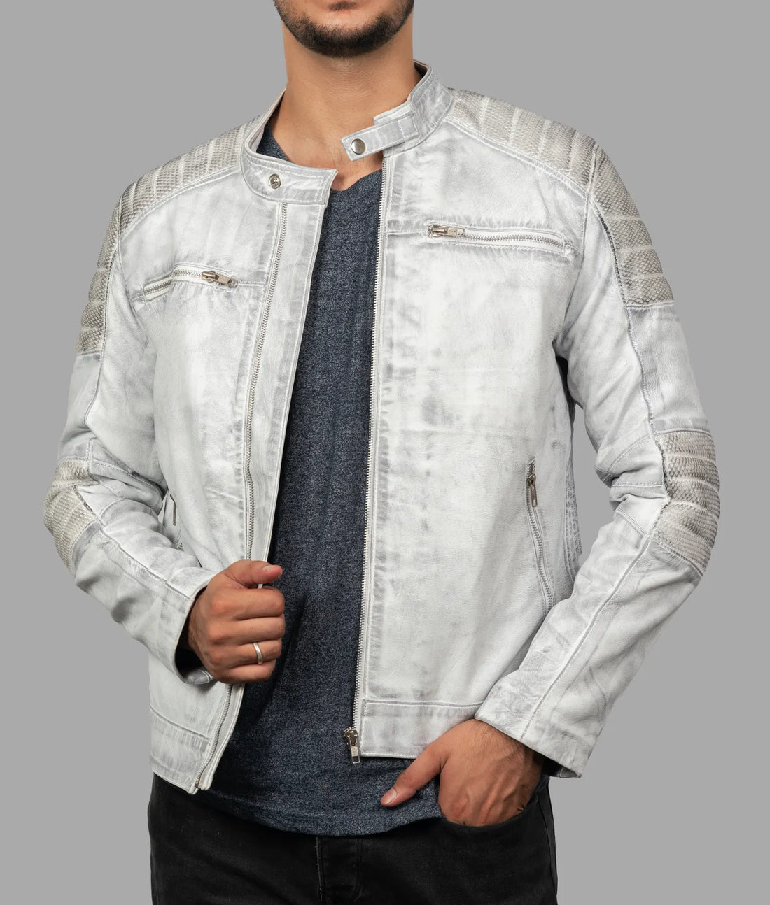 Rick Mens Grey Leather Biker Jacket | Mens Grey Leather Biker Jacket-5