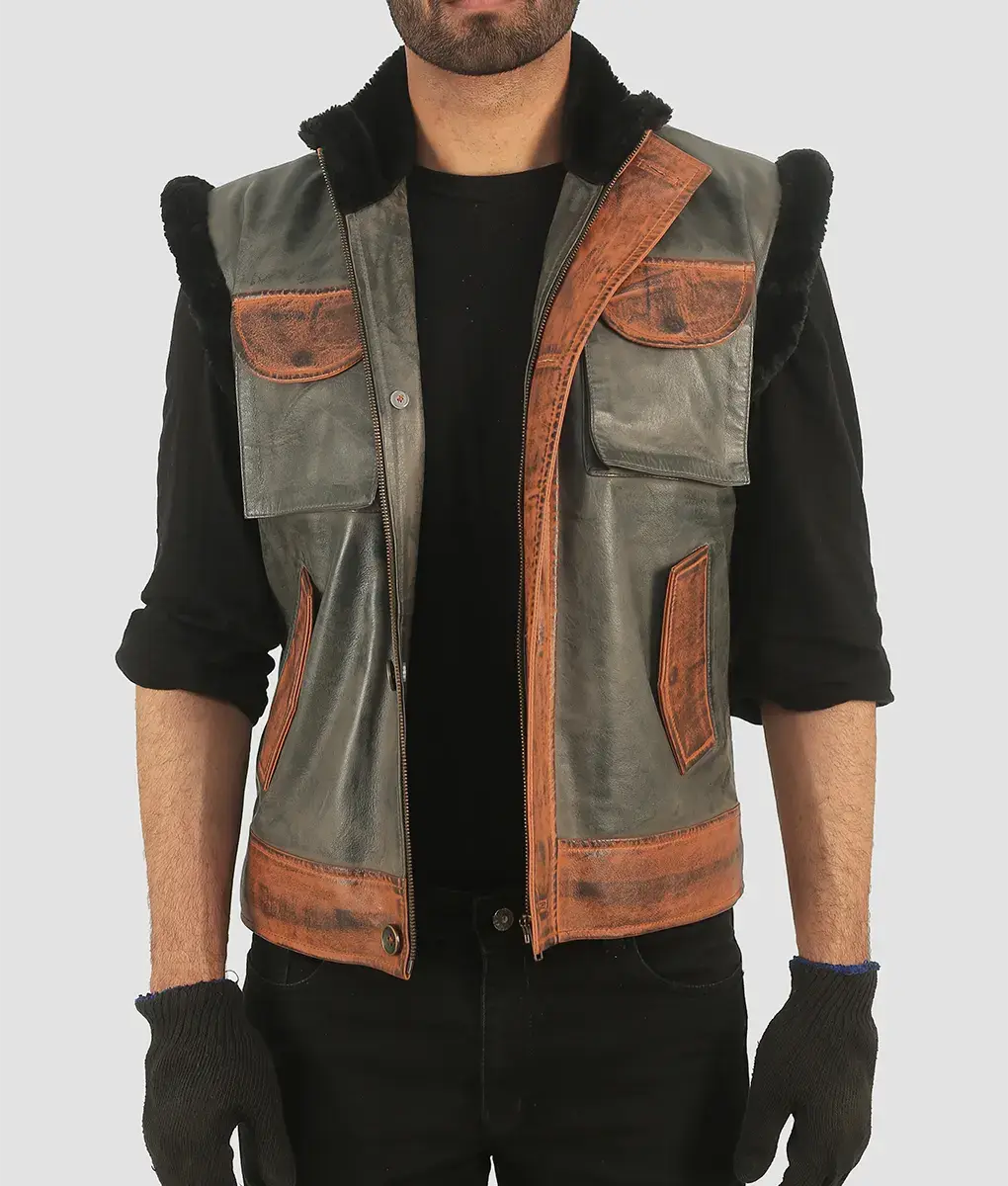 Trevor Mens Grey & Brown Leather Vest My Store