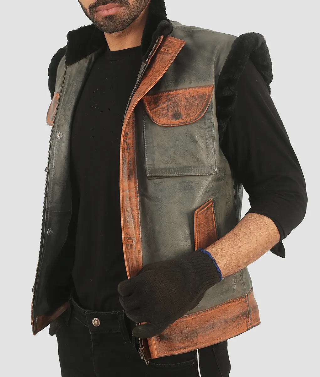 Trevor Mens Grey & Brown Leather Vest My Store