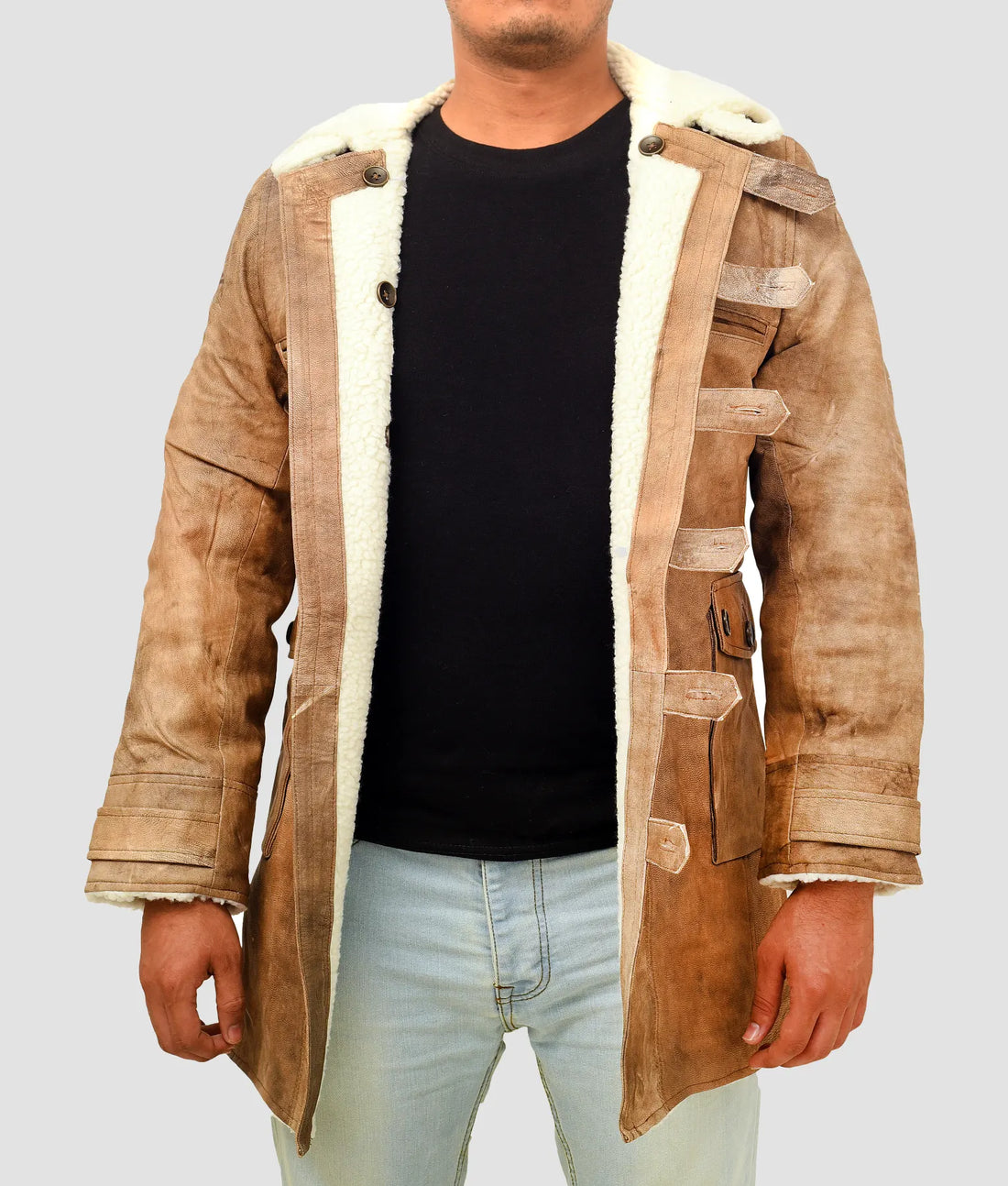 Victor Mens Distressed Brown Leather Coat | Mens Shearling Brown Leather Coat-1