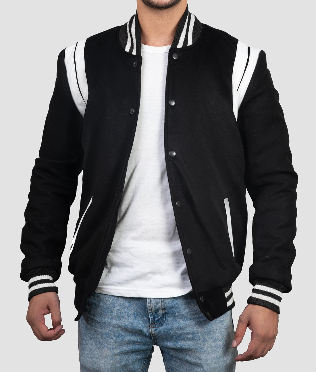 Vince Mens Black & White Varsity Jacket | Mens Black & White Varsity Jacket-1
