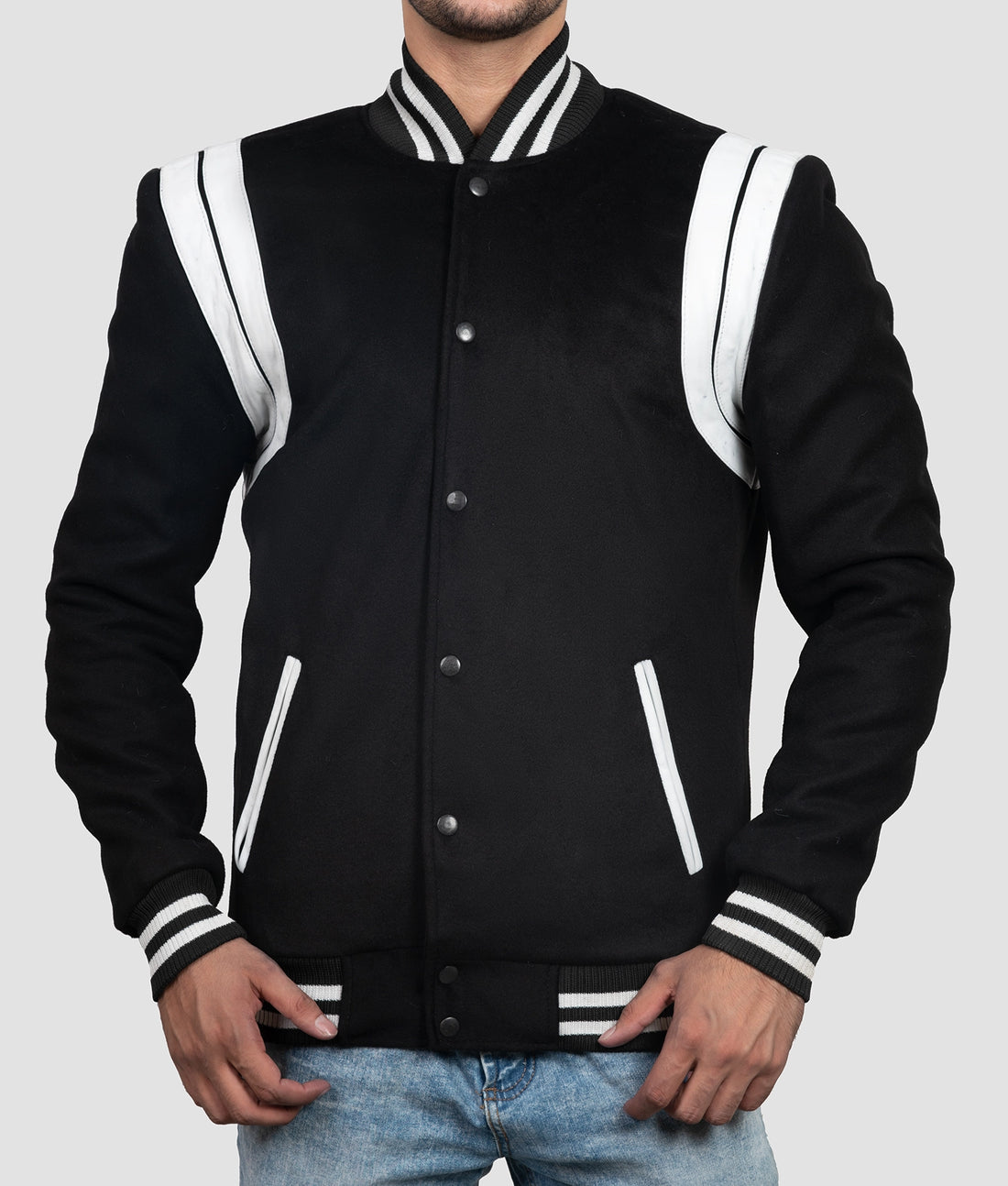 Vince Mens Black & White Varsity Jacket | Mens Black & White Varsity Jacket-1