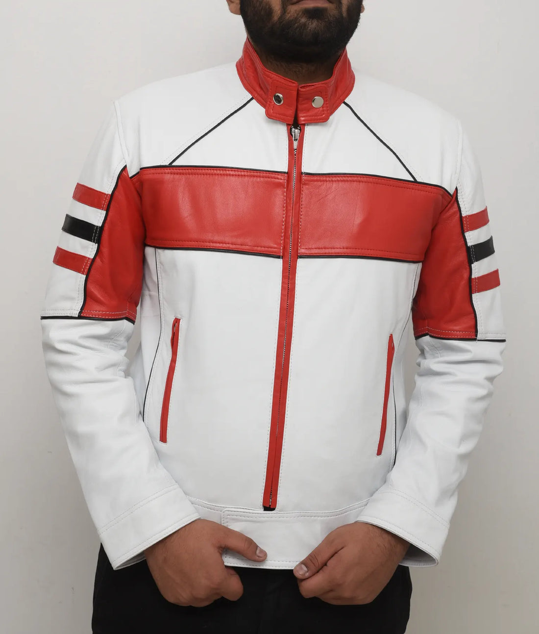 Vince Mens Red & White Cafe Racer Jacket | Mens Red & White Cafe Racer Jacket-1