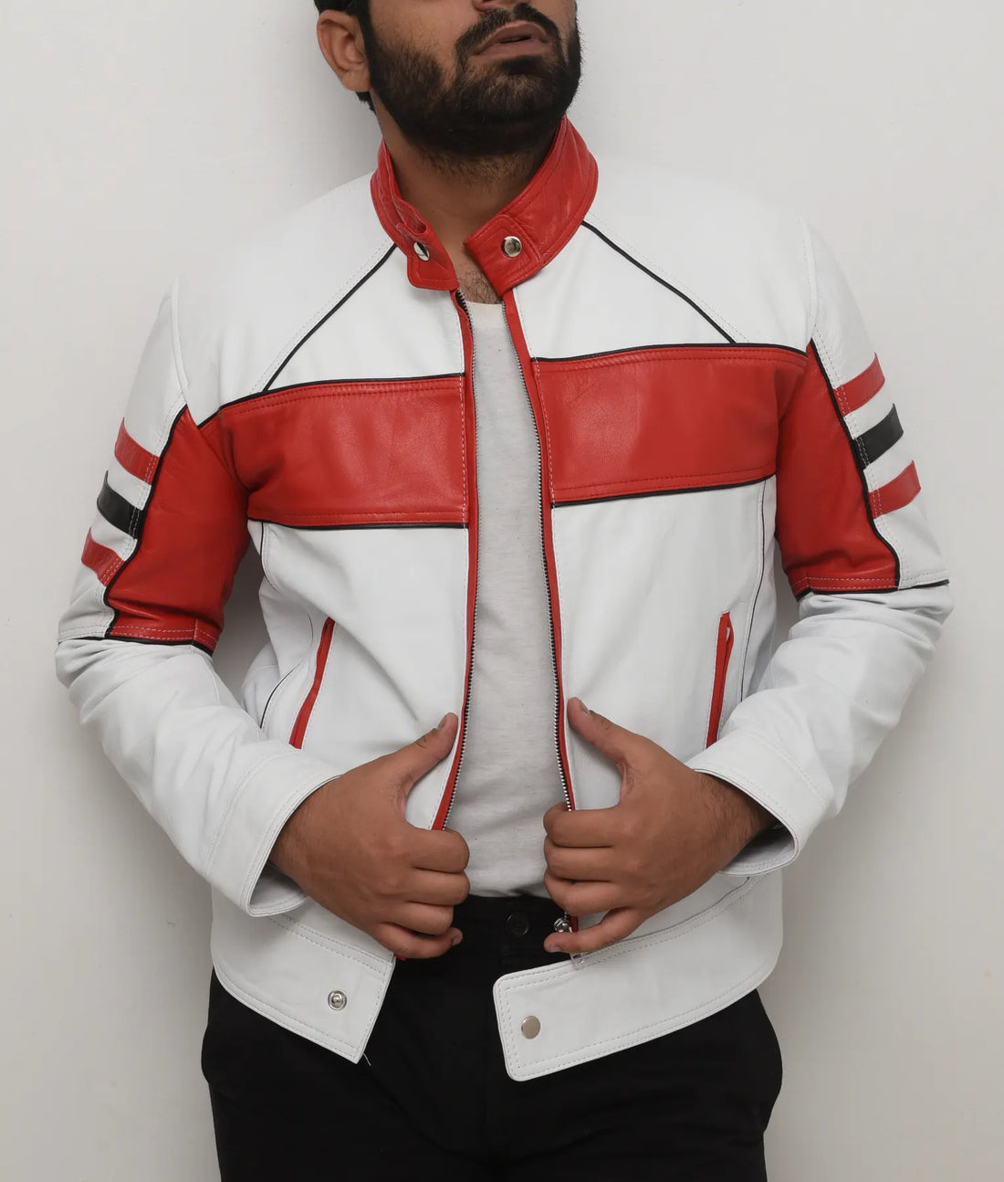 Vince Mens Red & White Cafe Racer Jacket | Mens Red & White Cafe Racer Jacket-1