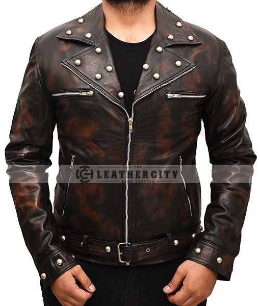 FALLOUT SNAKE RULE TUNNEL 3 GENUINE DISTRESSED BROWN BIKER LEATHER JACKET 