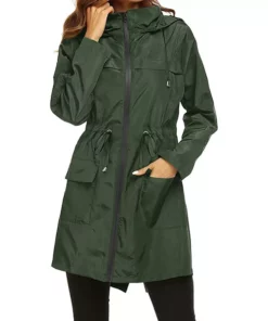 Womens Green Zipper Hooded Rain Coat